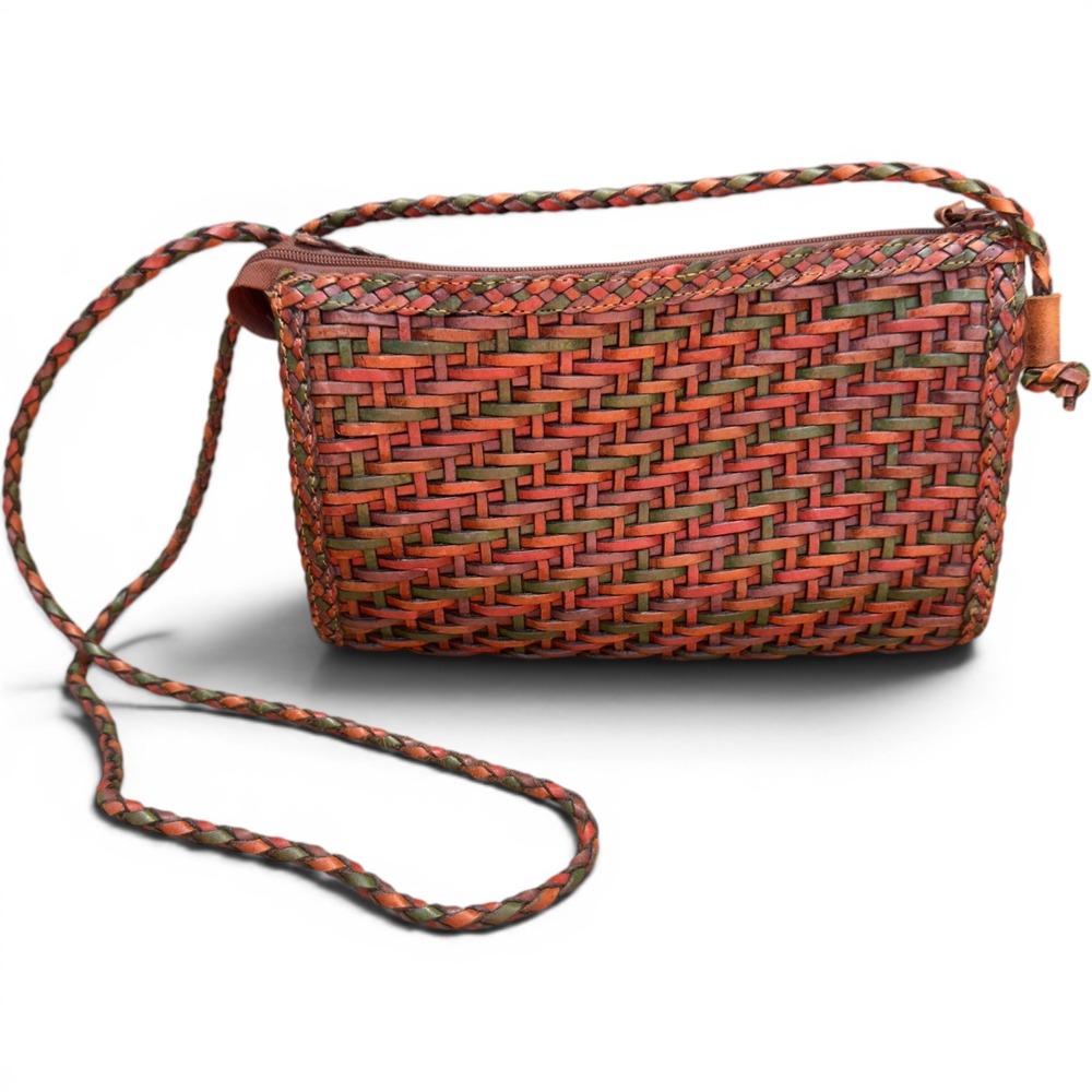 Accessory Lady Vintage Woven Leather Crossbody Bag Brown Green Brazil 10x6